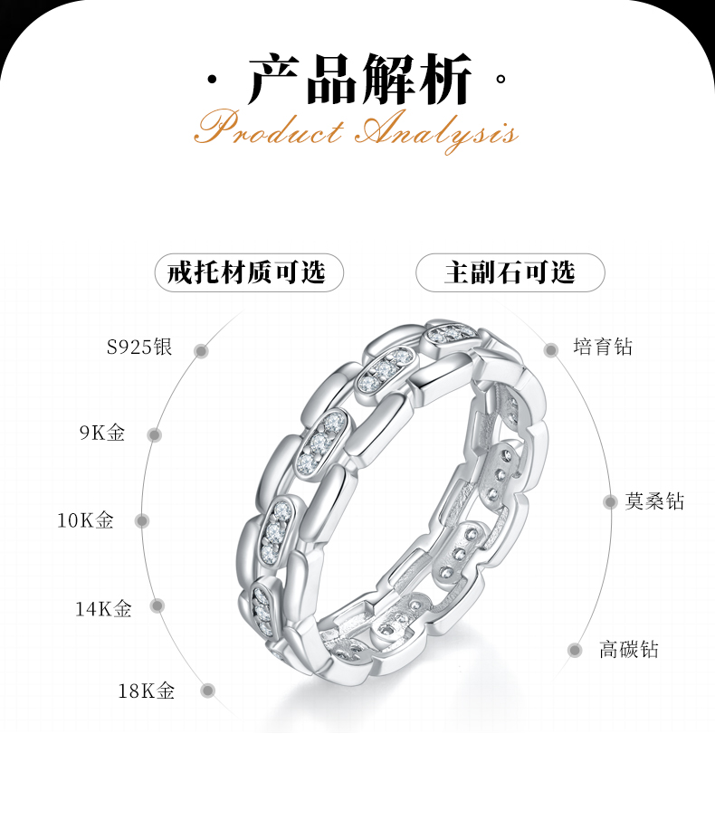 简约风排戒男戒S925银镀白金定制选款副石莫桑钻0.36ct - 2