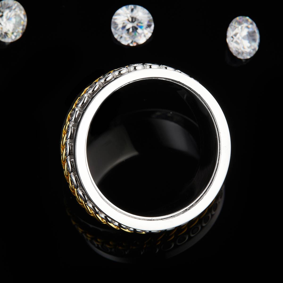 Fashion lined S925 silver plated platinum men's ring custom selection Side Stone Moissanite 0.38ct