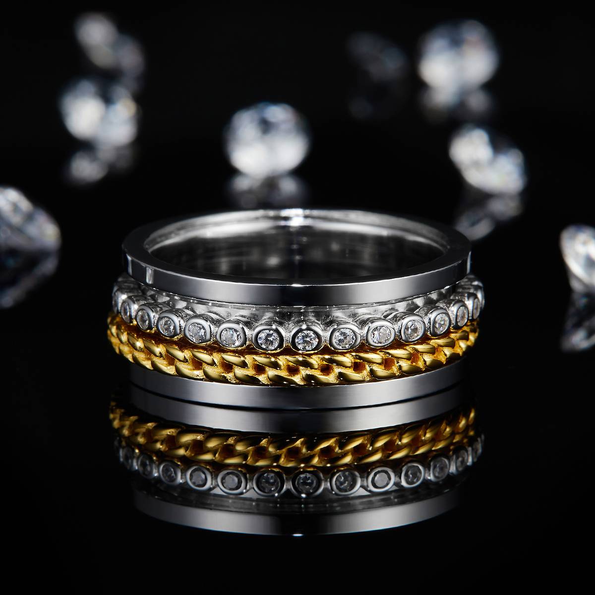 Fashion lined S925 silver plated platinum men's ring custom selection Side Stone Moissanite 0.38ct