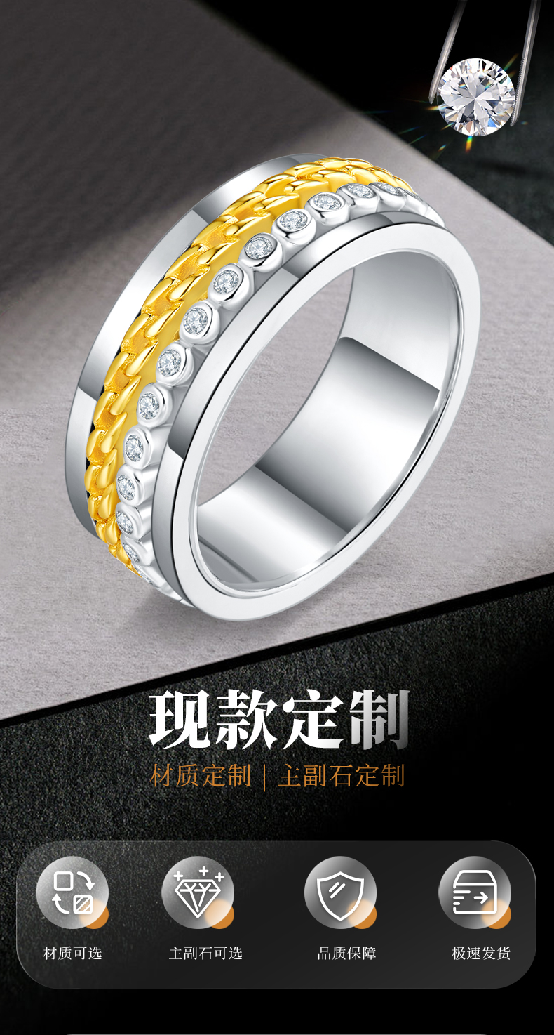 时尚款排戒S925银镀白金男戒定制选款副石莫桑钻0.38ct - 1