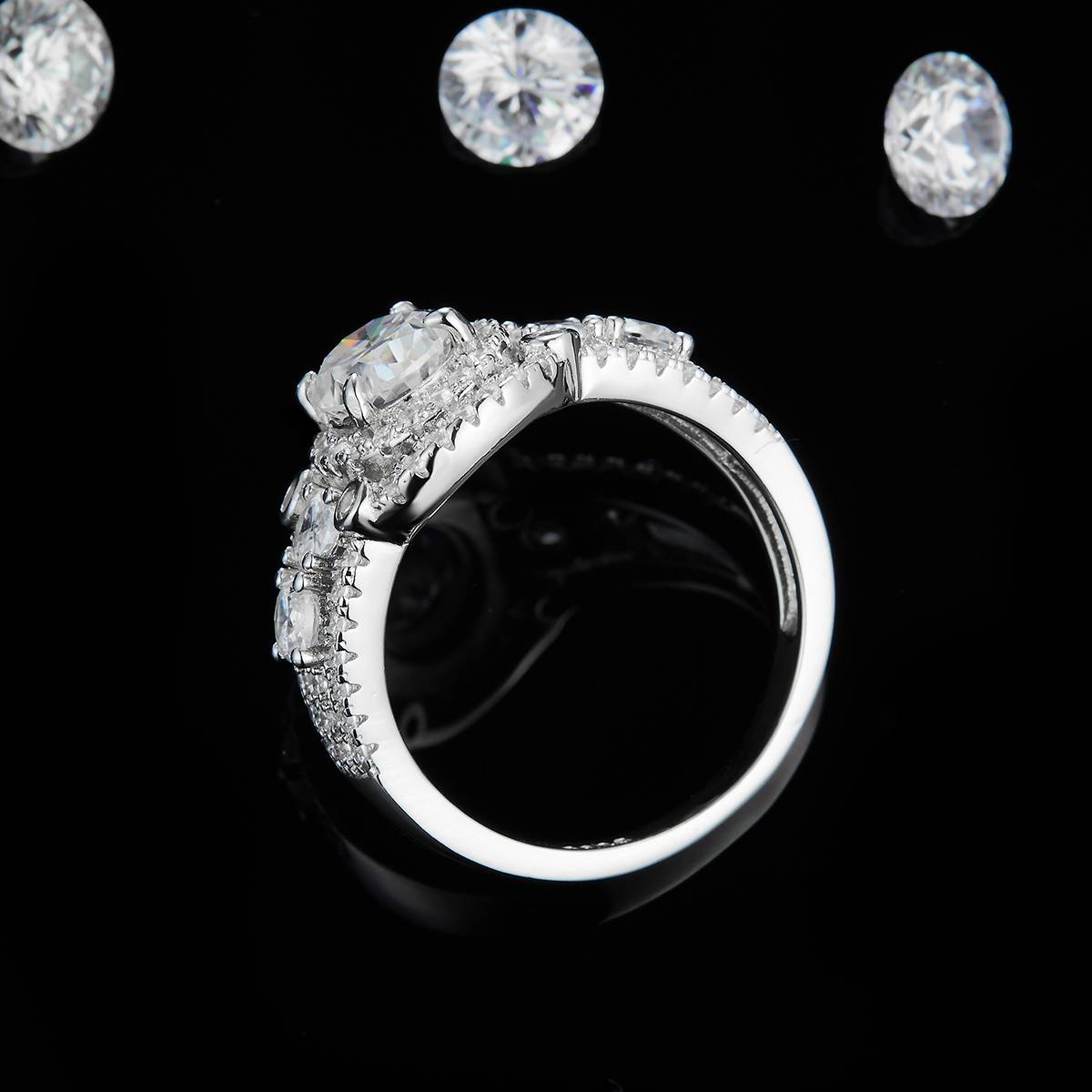 Light Luxury Oval Diamond Women's Ring S925 Silver Plated Platinum Customized Selection Main Stone Moissanite 1.5ct/Side Stone Cubic Zirconia