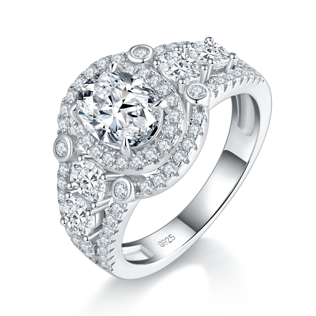 Light Luxury Oval Diamond Women's Ring S925 Silver Plated Platinum Customized Selection Main Stone Moissanite 1.5ct/Side Stone Cubic Zirconia