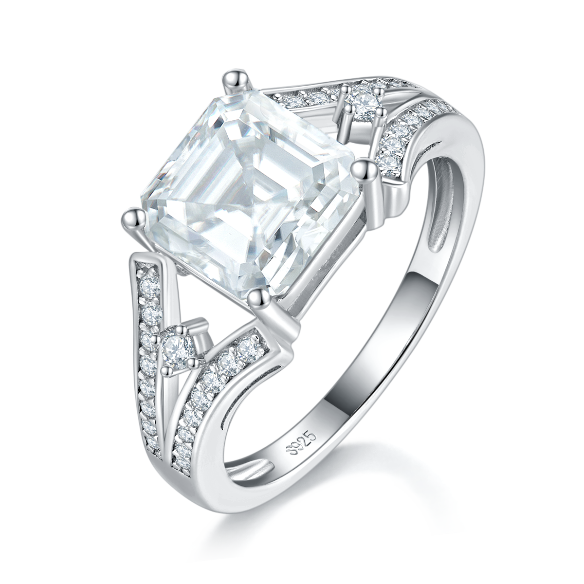 Y臂轻奢方钻女戒S925银镀白金定制选款主石莫桑钻2.5ct/副石高碳钻
