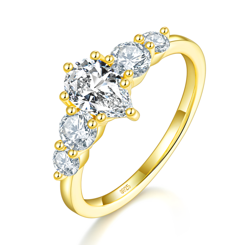 五石款水滴钻Women's RingS925银镀黄金定制选款主石Moissanite1.0ct/副石高碳钻