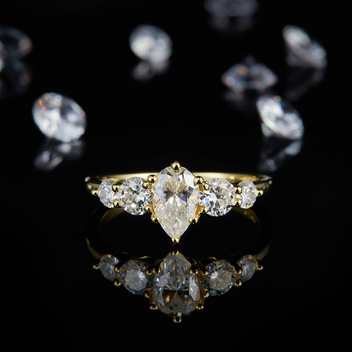 Five Stone Pear Diamond Women's Ring S925 Silver Plated Gold Customized Selection Main Stone Moissanite 1.0ct/Side Stone Cubic Zirconia