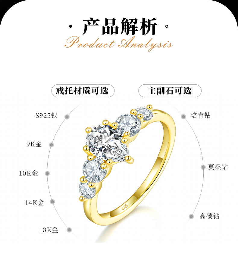 五石款水滴钻女戒S925银镀黄金定制选款主石莫桑钻1.0ct/副石高碳钻 - 2
