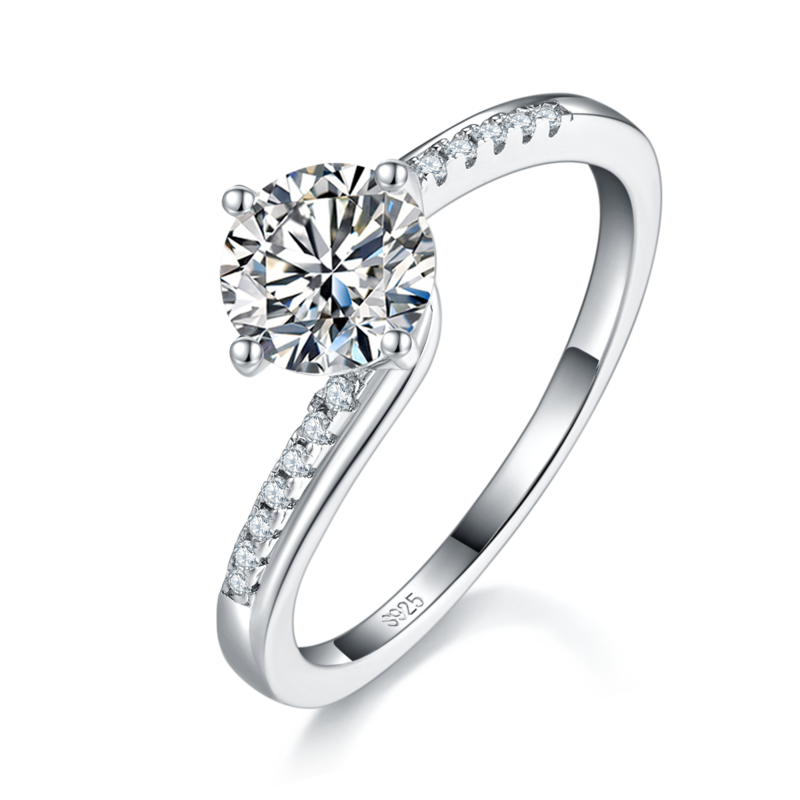 扭臂四爪Women's RingS925银镀白金定制选款主石Moissanite1.0ct/副石高碳钻