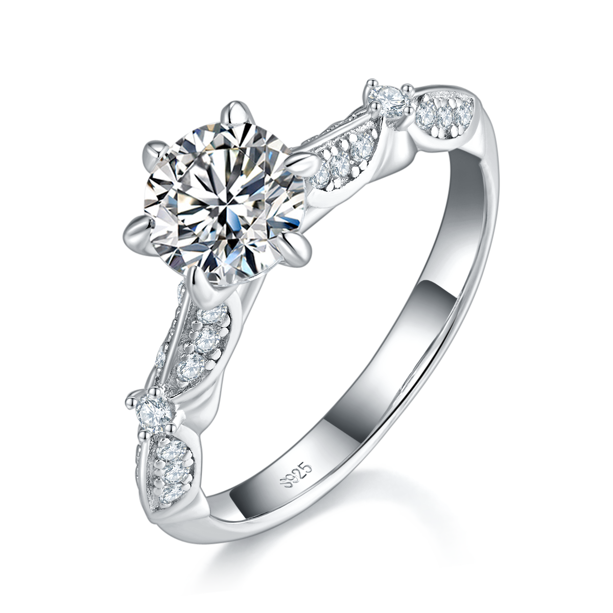 Fashion Six Claw Women's Ring S925 Silver Plated Platinum Customized Selection Main Stone Moissanite 1.0ct/Side Stone Cubic Zirconia