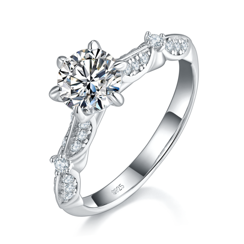 Fashion六爪Women's RingS925银镀白金定制选款主石Moissanite1.0ct/副石高碳钻