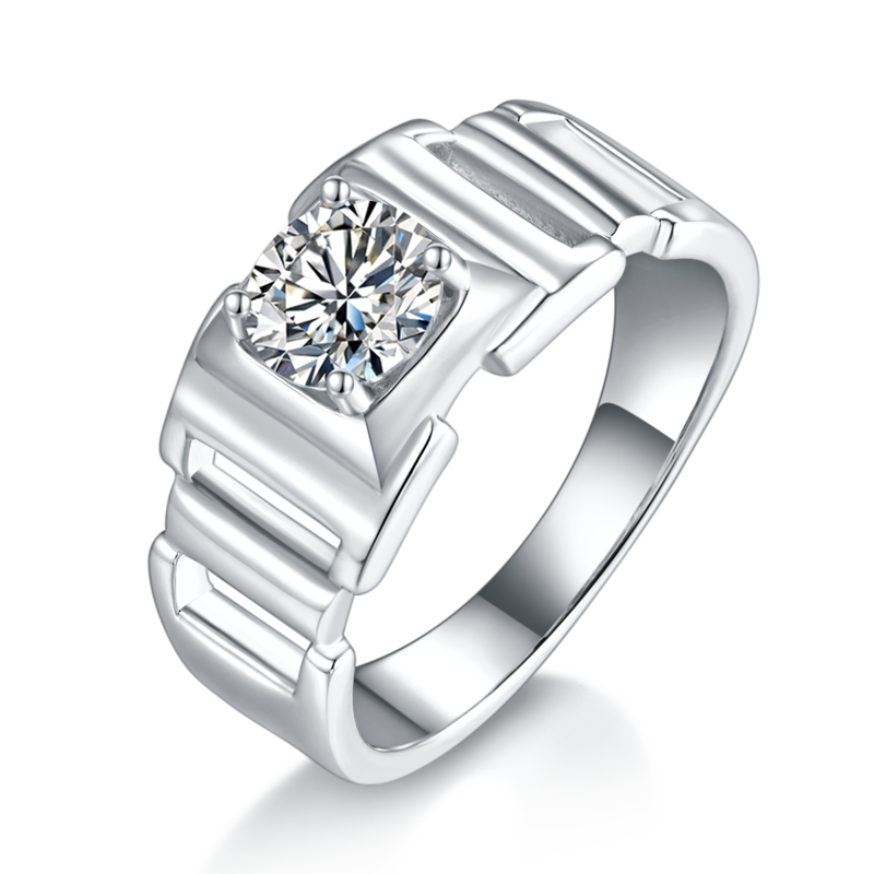 简约男款S925银镀白金男戒定制选款主石莫桑钻1.0ct