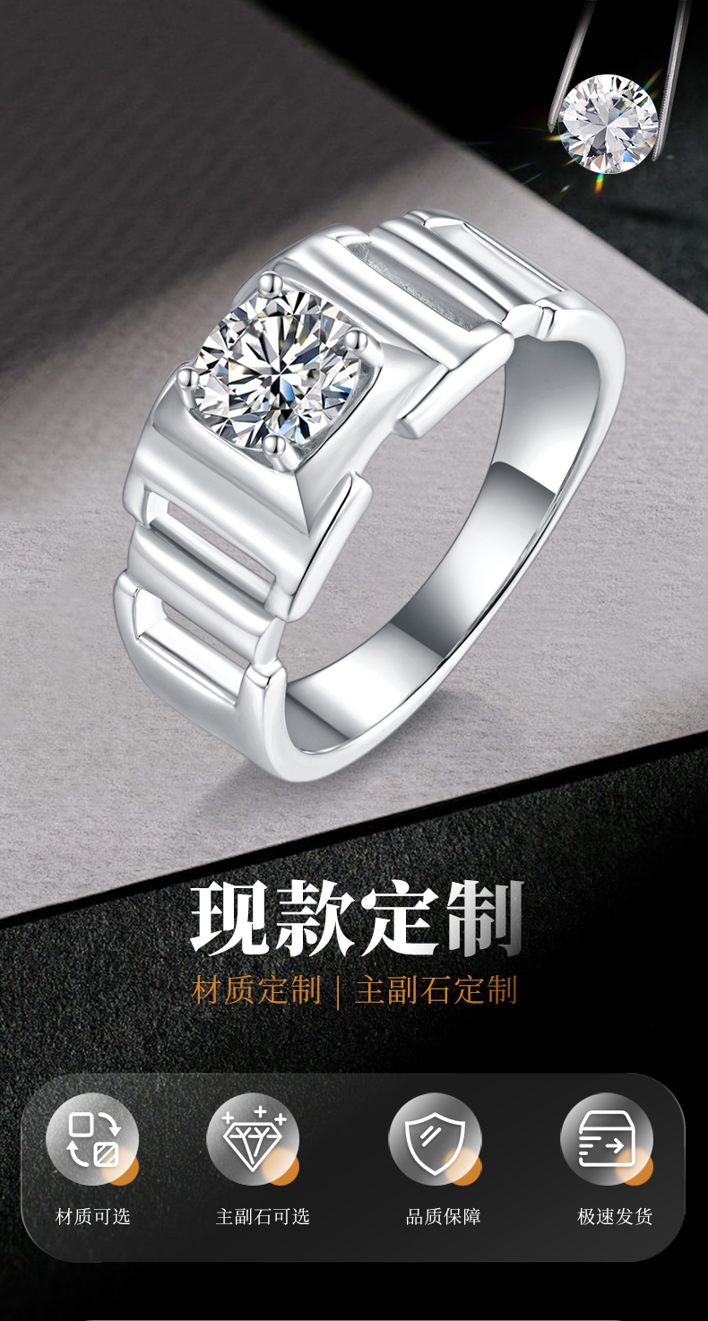 简约男款S925银镀白金男戒定制选款主石莫桑钻1.0ct - 1