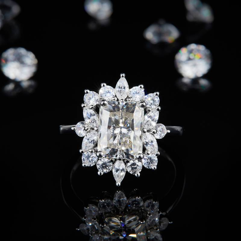 Luxury款马眼小钻围镶方钻Women's RingS925银镀白金定制选款主石Moissanite2.0ct/副石高碳钻