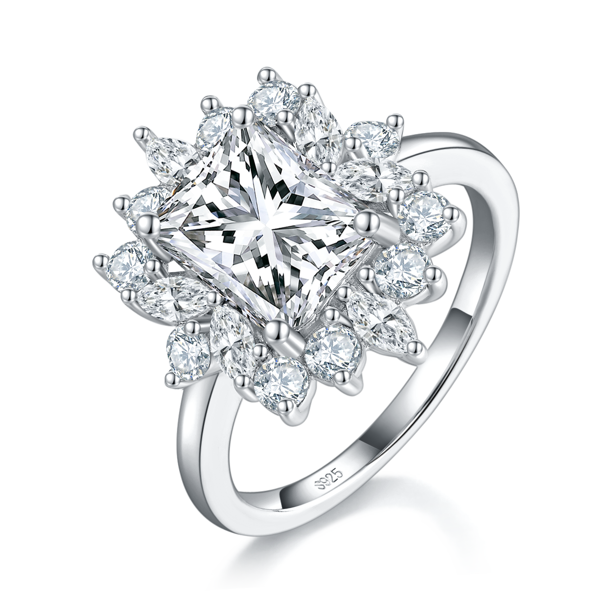 Luxury Marquis Small Diamond Set Square Diamond Women's Ring S925 Silver Plated Platinum Customized Selection Main Stone Moissanite 2.0ct/Side Stone Cubic Zirconia
