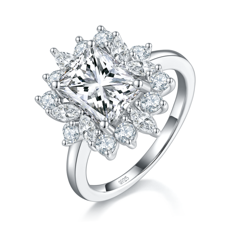 Luxury款马眼小钻围镶方钻Women's RingS925银镀白金定制选款主石Moissanite2.0ct/副石高碳钻
