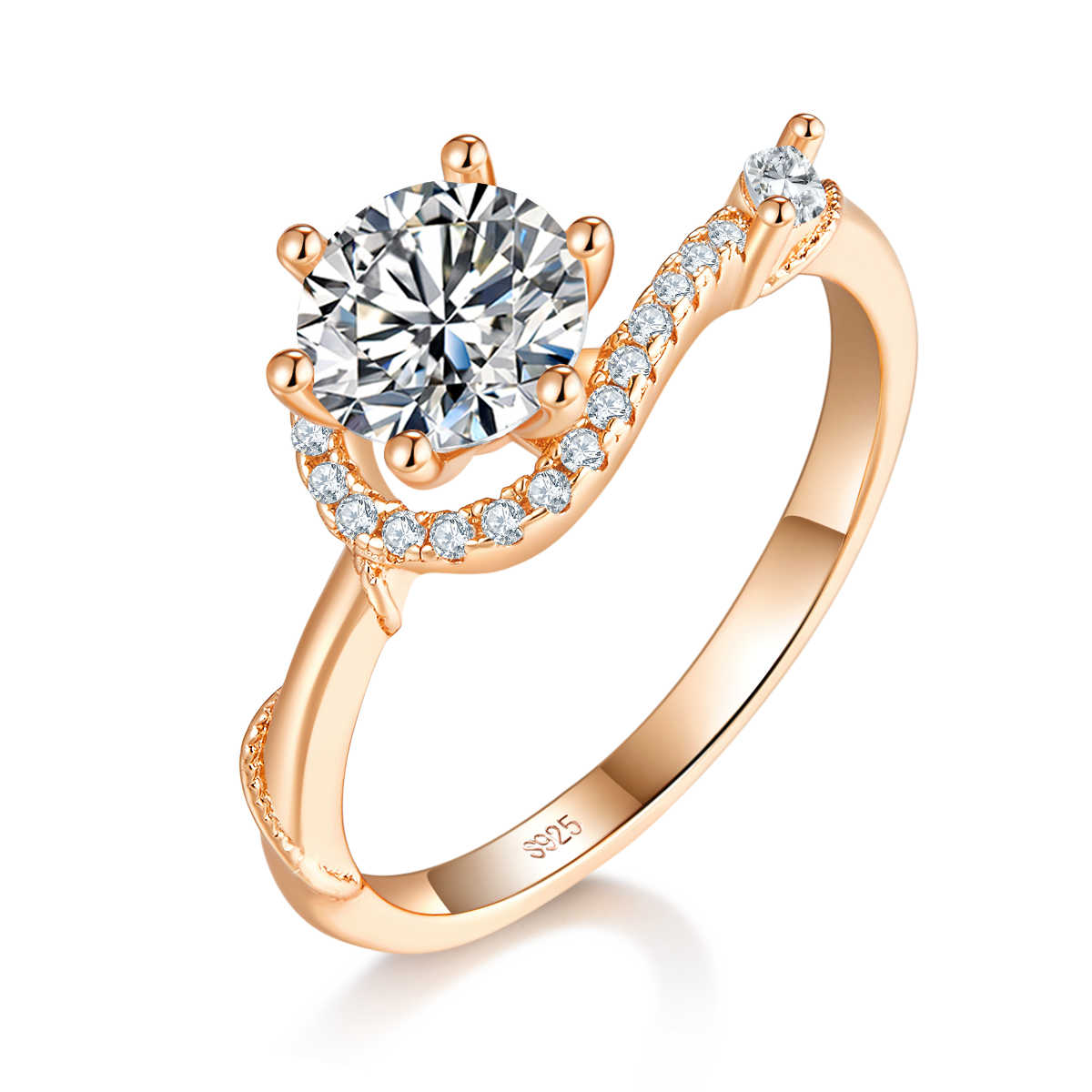 Twisted arm six claw S925 silver plated rose gold custom selection main stone Moissanite 1.0ct/Side Stone Cubic Zirconia