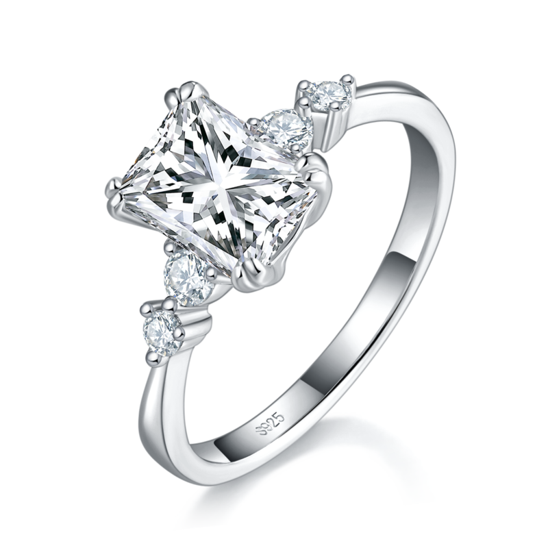 方钻Women's RingS925银镀白金定制选款主石Moissanite2.0ct/副石高碳钻