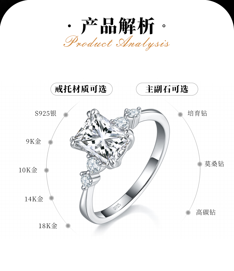 方钻女戒S925银镀白金定制选款主石莫桑钻2.0ct/副石高碳钻 - 2