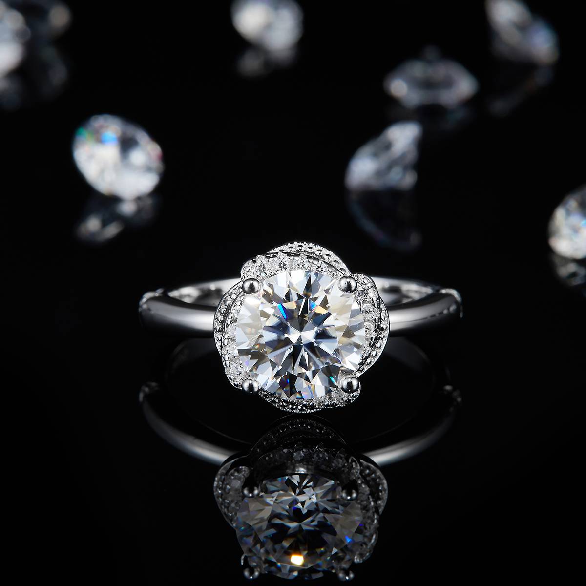 Bare arm flower bud women's ring S925 silver plated platinum custom selection main stone Moissanite 1.2ct/Side Stone Cubic Zirconia
