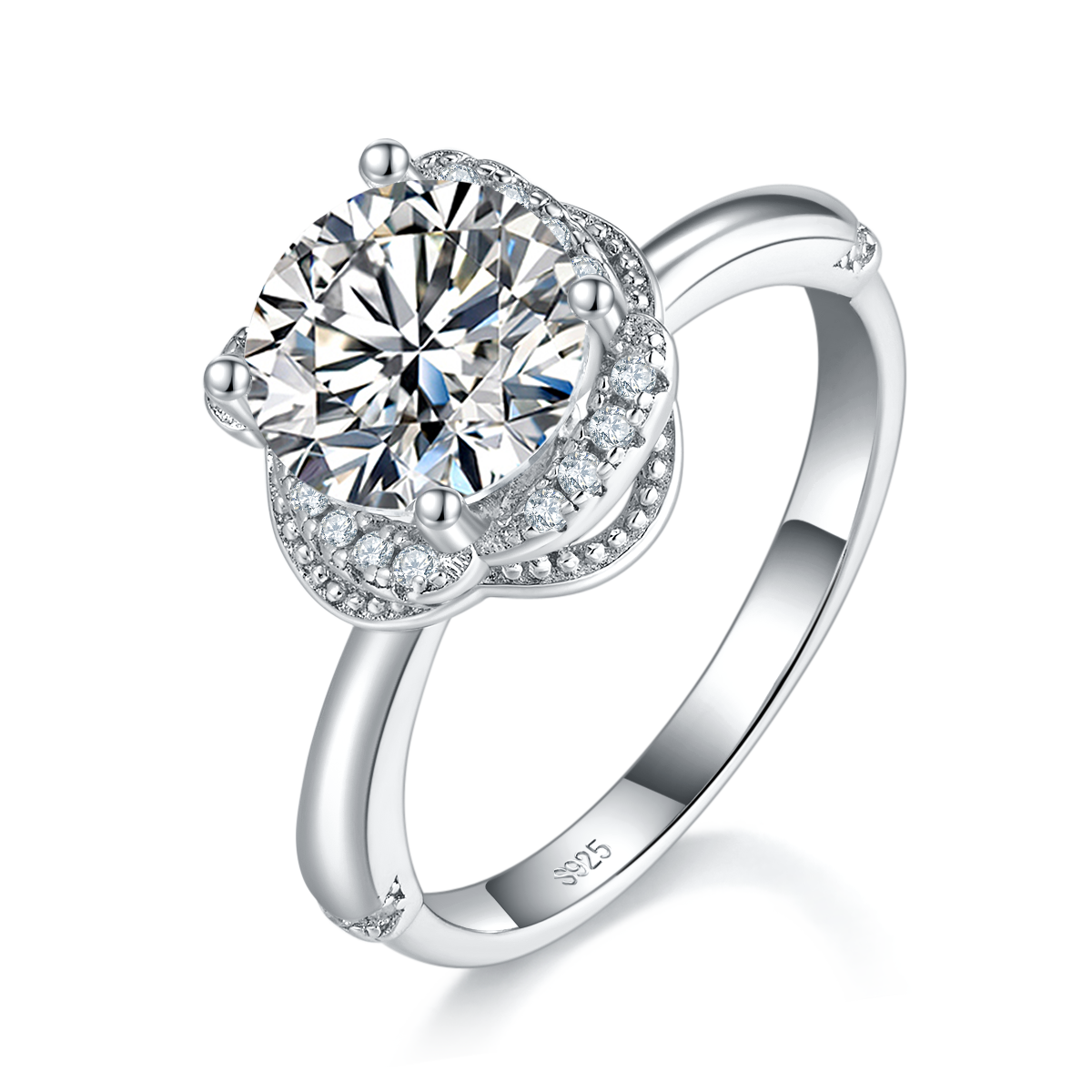 Bare arm flower bud women's ring S925 silver plated platinum custom selection main stone Moissanite 1.2ct/Side Stone Cubic Zirconia