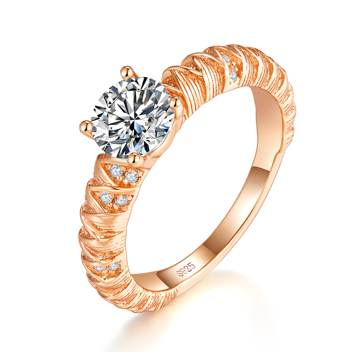 时尚四爪女戒S925银镀18K玫瑰金定制选款主石莫桑钻1.0ct/副石高碳钻