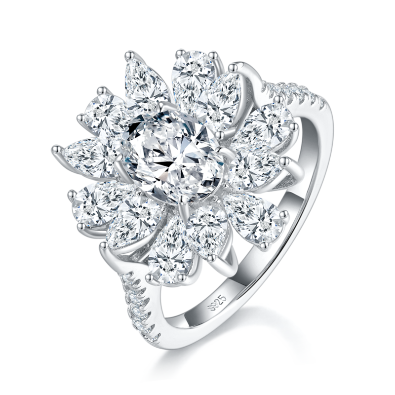 Luxury款梨形小钻围镶蛋形钻Women's RingS925银镀白金定制选款主石Moissanite1.5ct/副石高碳钻