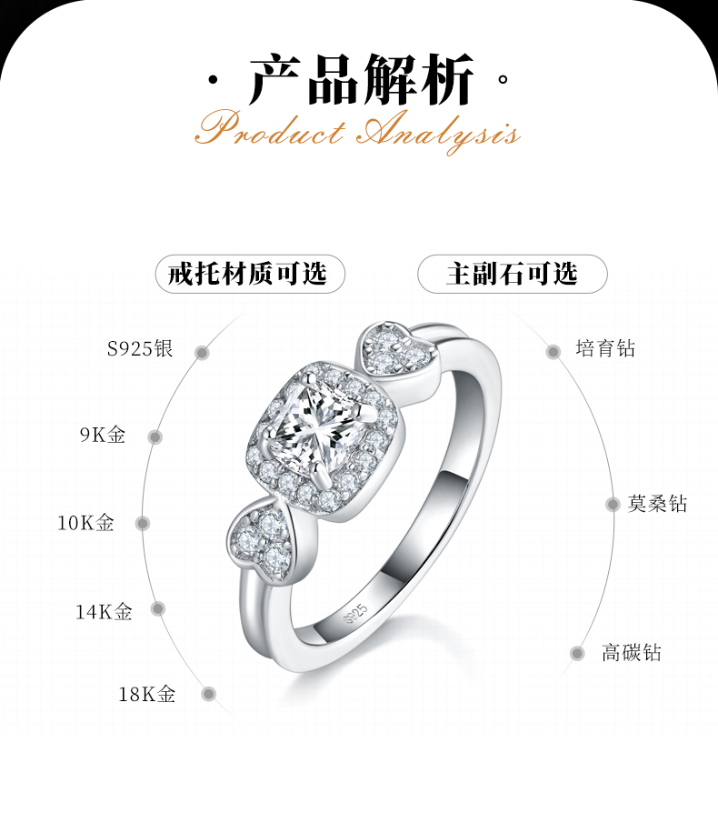枕形钻女戒女戒S925银镀18K白金定制选款主石莫桑钻0.6ct/副石高碳钻 - 2