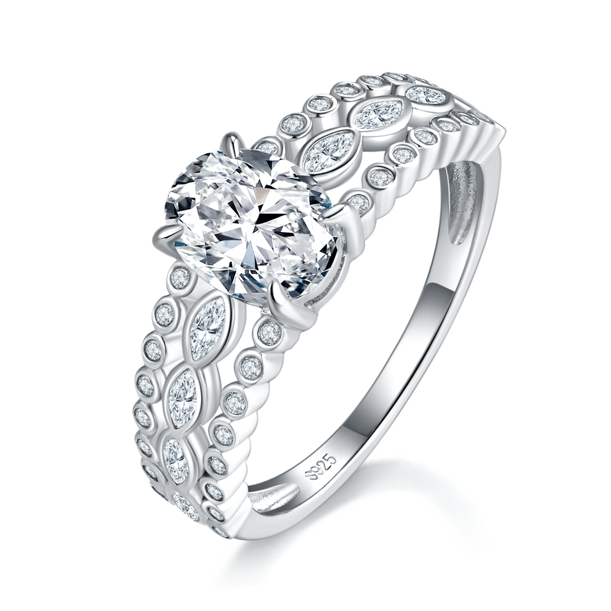 轻奢蛋形钻女戒S925银镀18K白金定制选款主石莫桑钻1.5ct/副石高碳钻