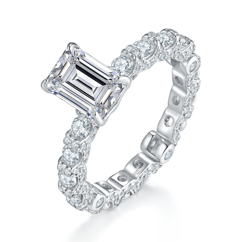 满圈碎钻方钻女戒S925银镀18K白金定制选款主石莫桑钻2.5ct/副石高碳钻