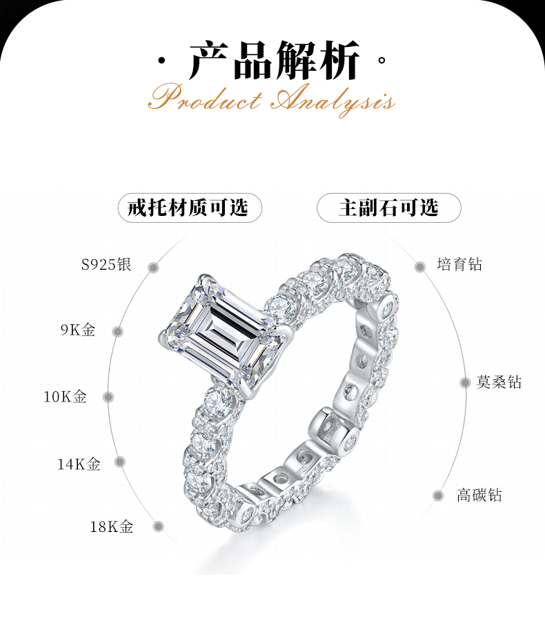 满圈碎钻方钻女戒S925银镀18K白金定制选款主石莫桑钻2.5ct/副石高碳钻 - 2