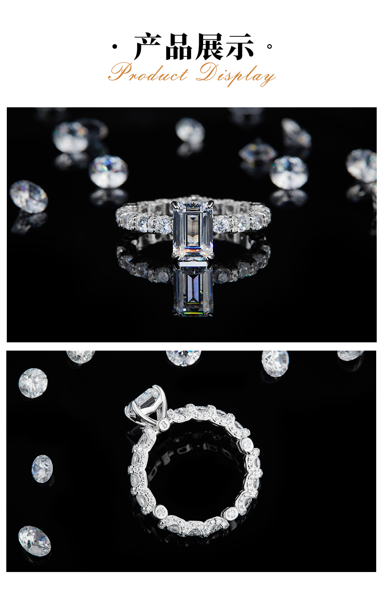 满圈碎钻方钻女戒S925银镀18K白金定制选款主石莫桑钻2.5ct/副石高碳钻 - 3