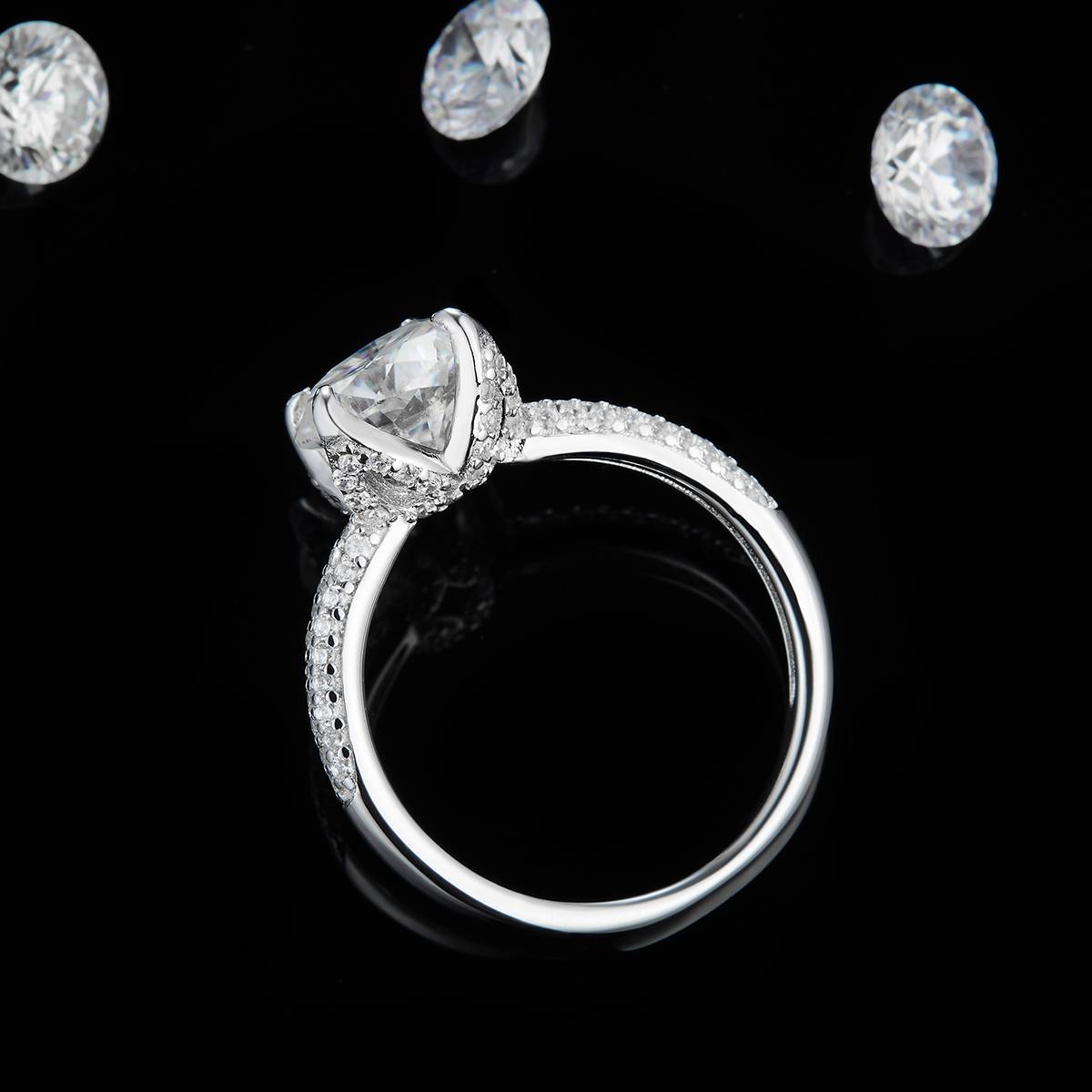 轻奢枕形钻女戒S925银镀18K白金定制选款主石莫桑钻2.5ct/副石高碳钻