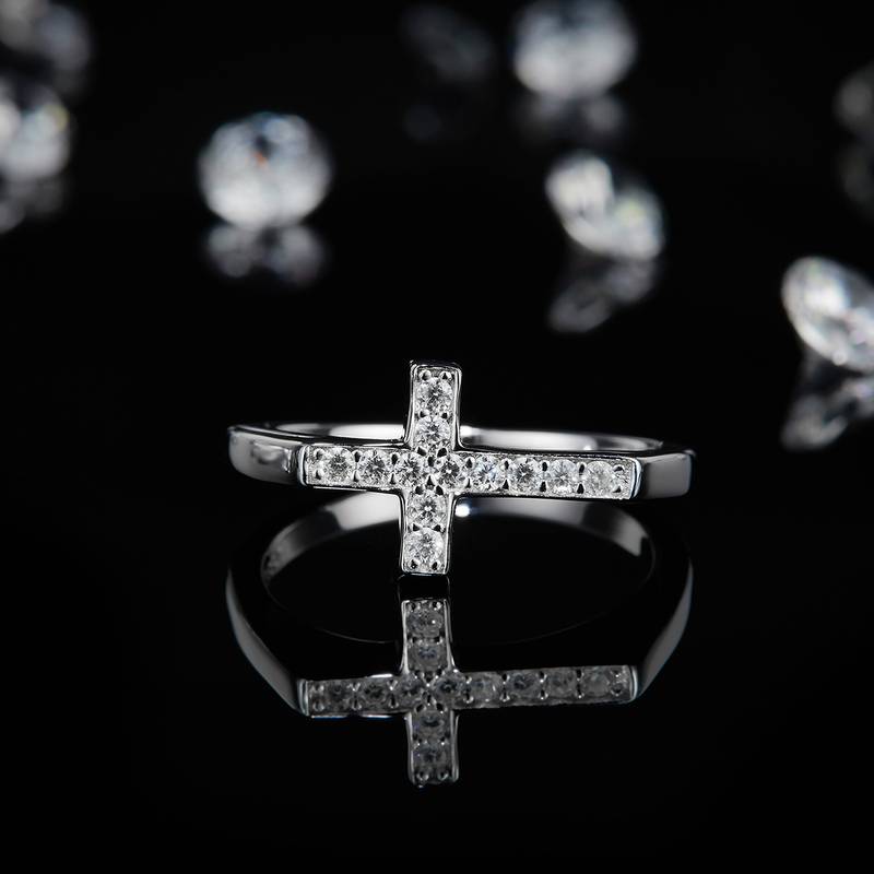 十字形排戒Women's RingS925银镀18K白金定制选款副石Moissanite0.18ct