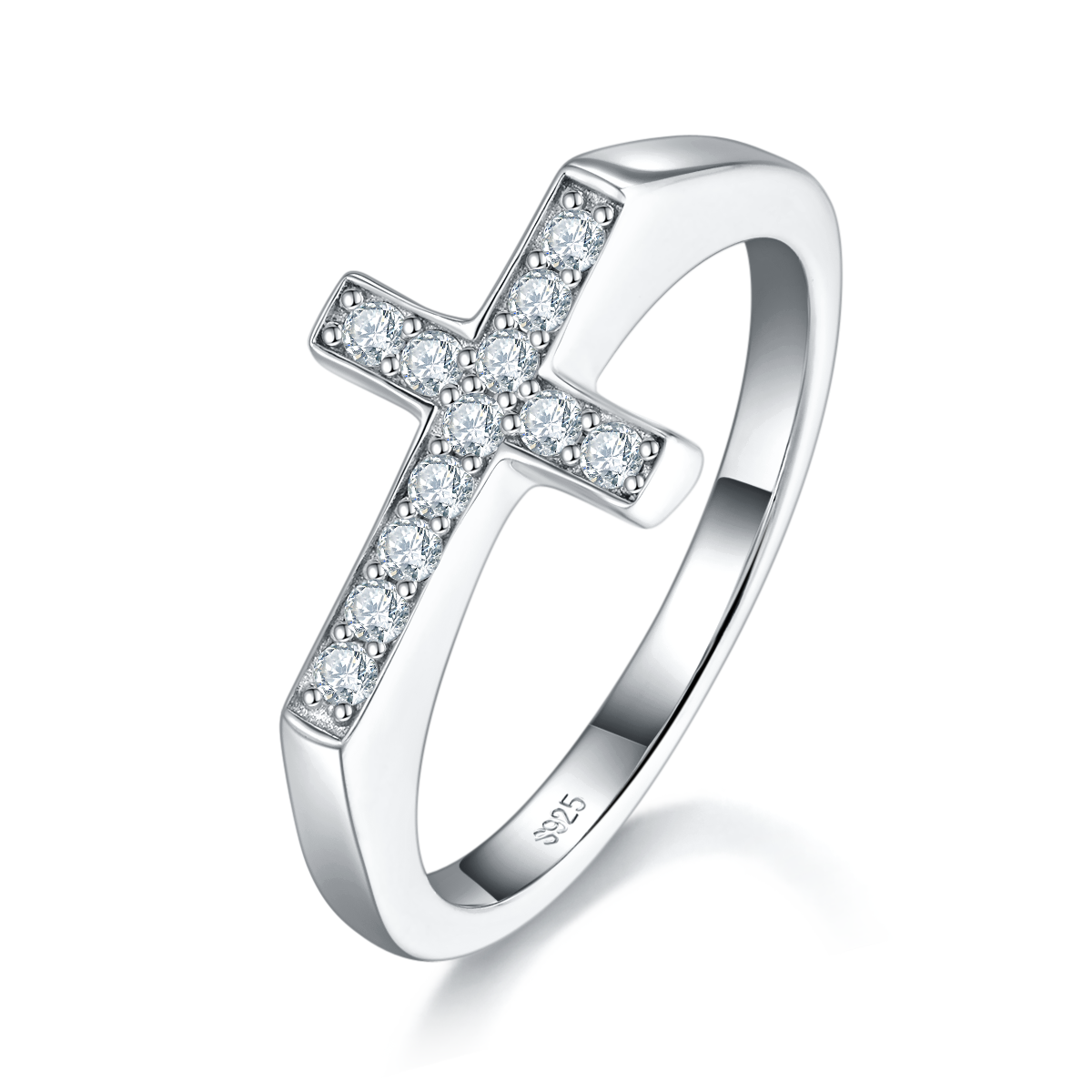 十字形排戒女戒S925银镀18K白金定制选款副石莫桑钻0.18ct