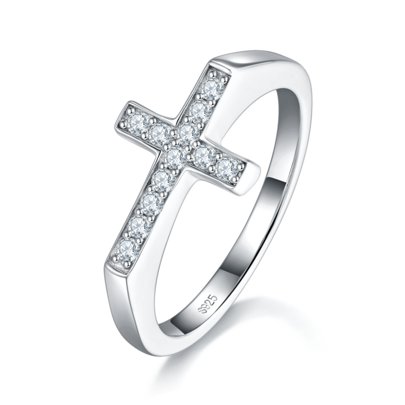 十字形排戒Women's RingS925银镀18K白金定制选款副石Moissanite0.18ct