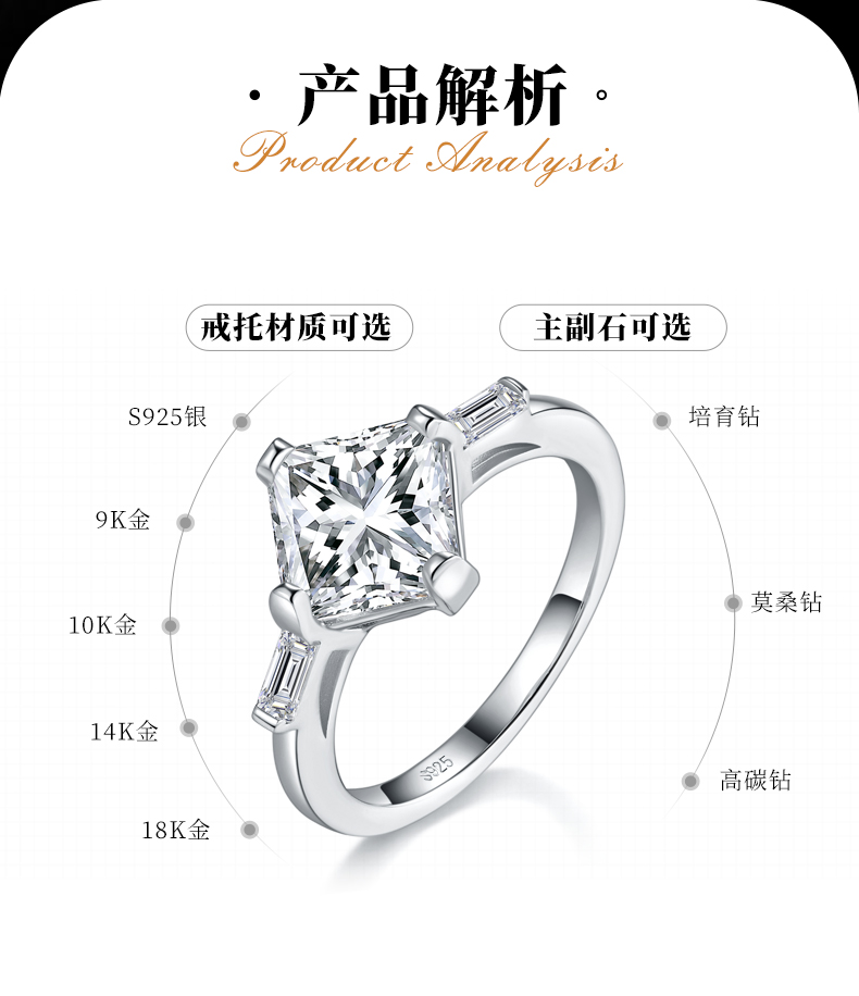 方钻女戒S925银镀18K白金定制选款主石莫桑钻2.5ct/副石高碳钻 - 2