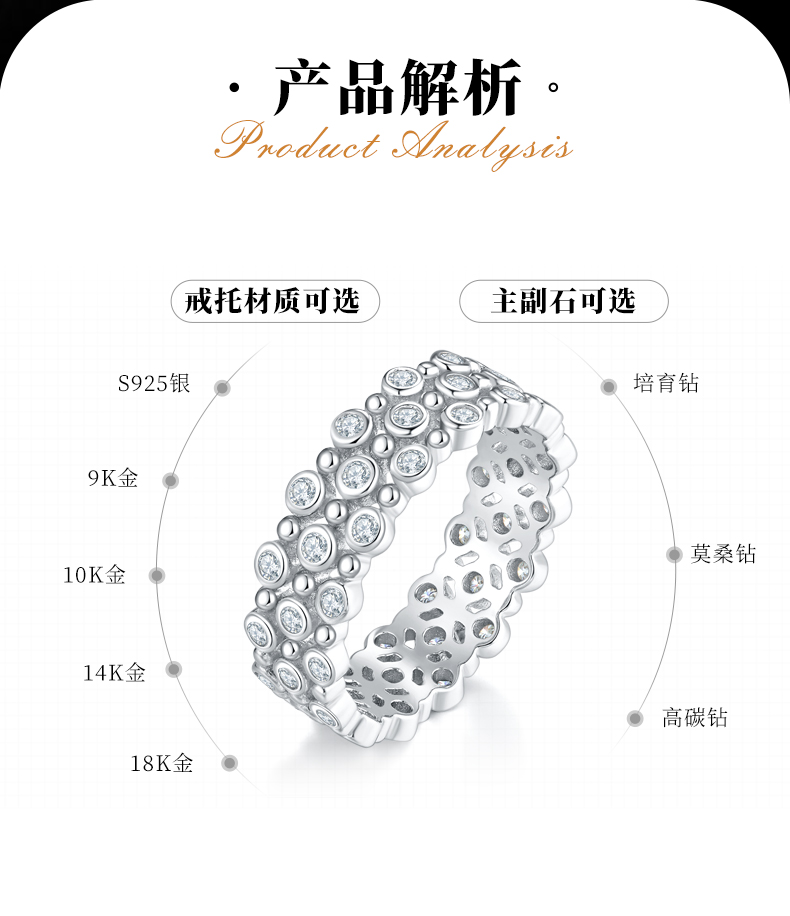 轻奢排戒女戒S925银镀18K白金定制选款副石莫桑钻0.63ct - 2
