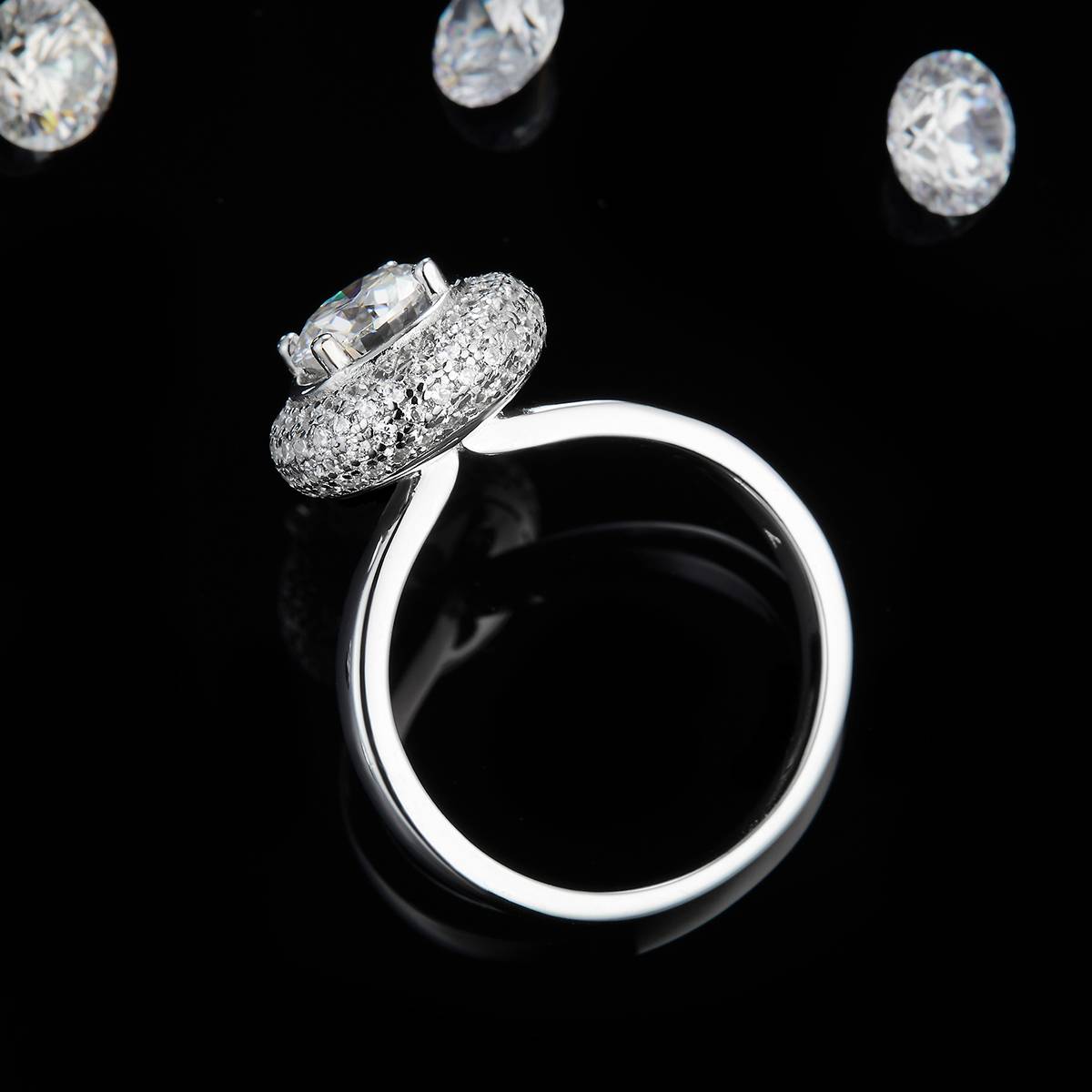 光臂圆包女戒S925银镀18K白金定制选款主石莫桑钻1.0ct/副石高碳钻