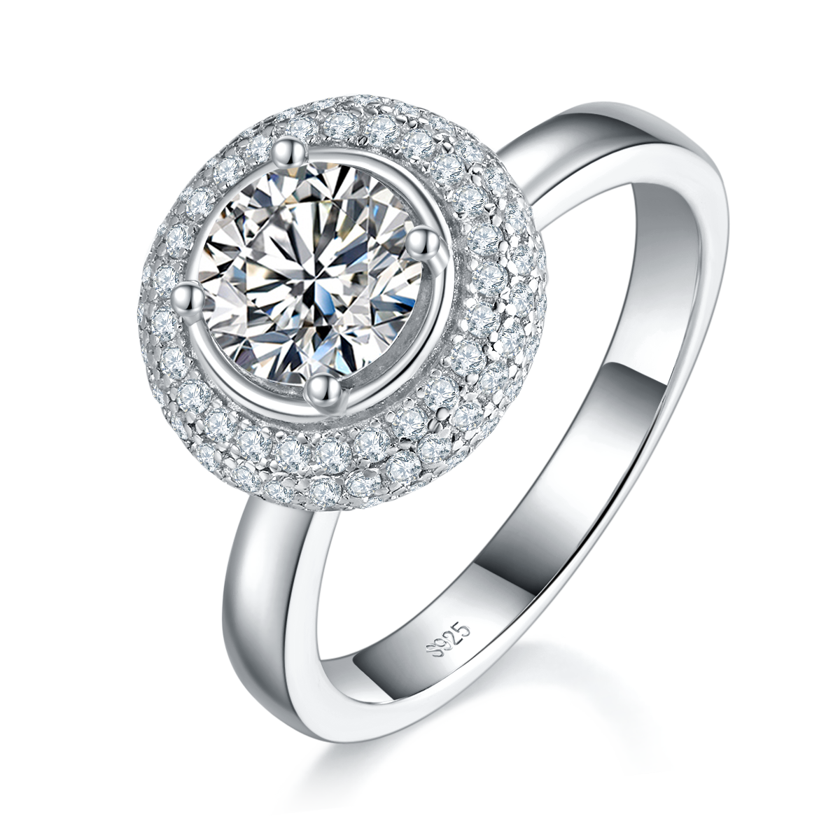 光臂圆包女戒S925银镀18K白金定制选款主石莫桑钻1.0ct/副石高碳钻