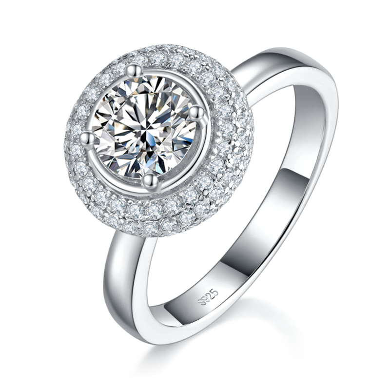 光臂圆包女戒S925银镀18K白金定制选款主石莫桑钻1.0ct/副石高碳钻