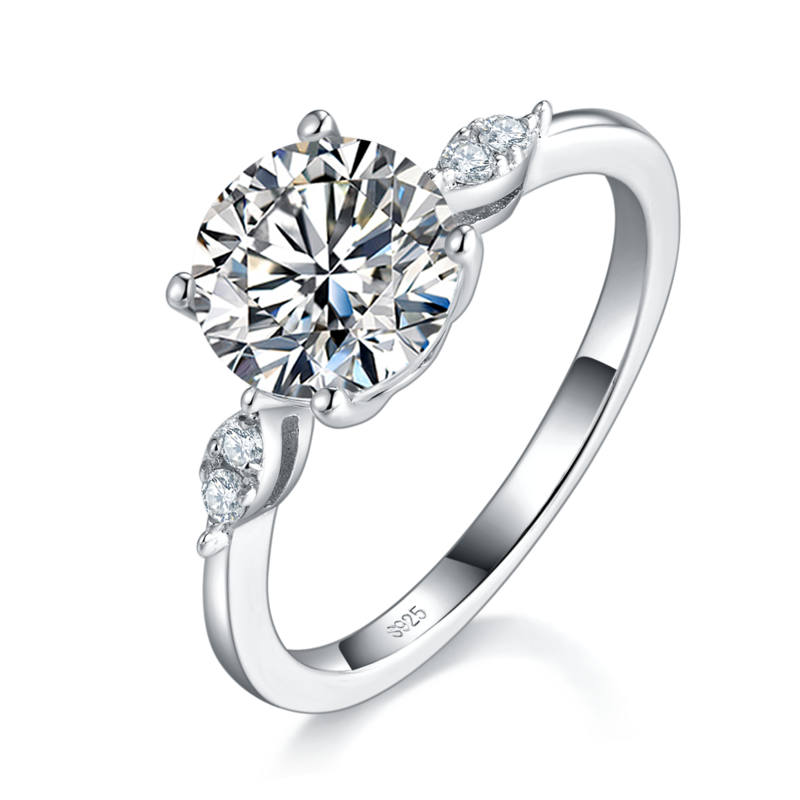 四爪Women's RingS925银镀18K白金定制选款主石Moissanite2.0ct/副石高碳钻