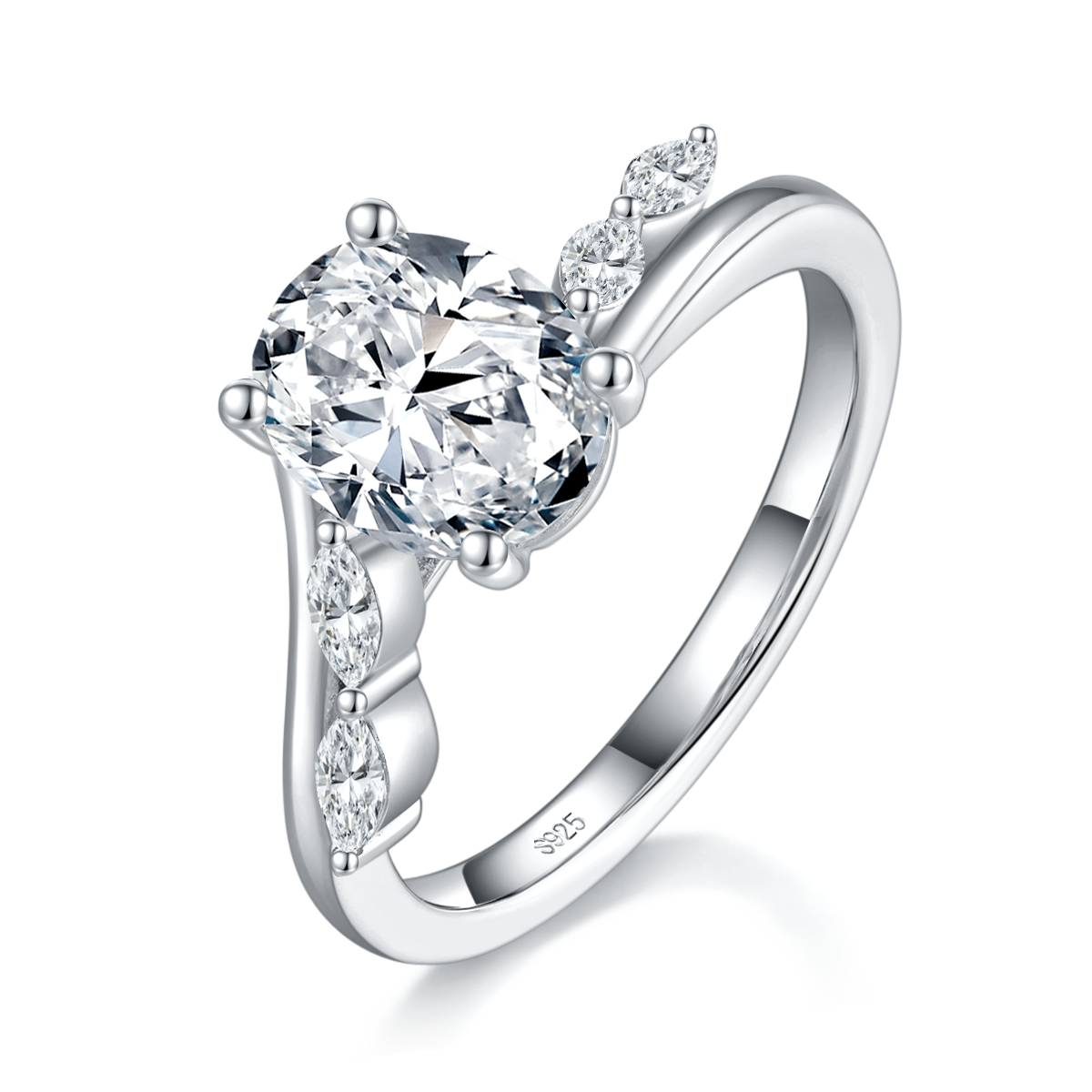 Twisted Arm Oval Diamond Women's Ring S925 Silver Plated 18White Gold Customized Selection Main Stone 2.0ct/Side Stone Cubic Zirconia