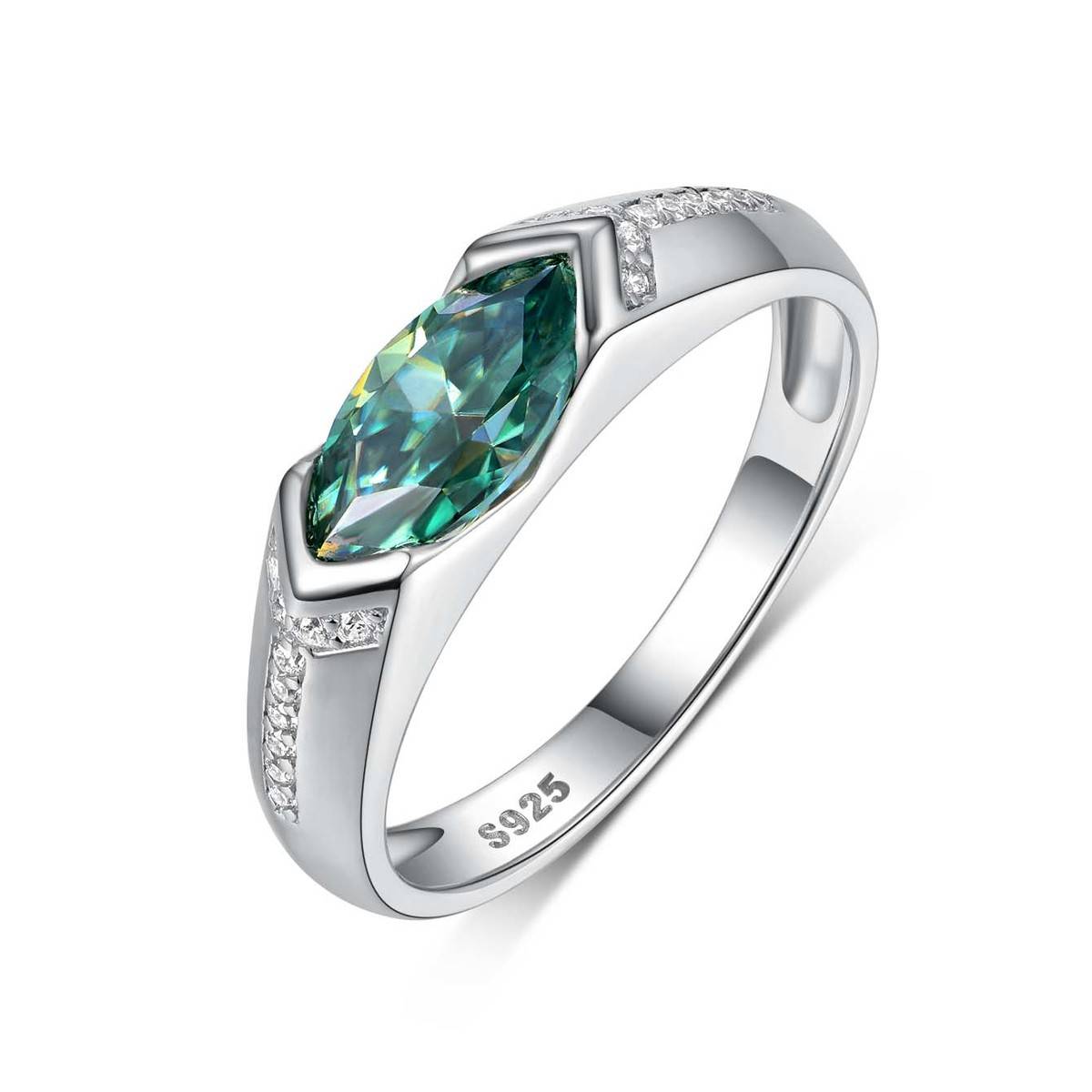 MR0045款S925银镀18K白金绿色马眼形MoissaniteWomen's Ring1.0ct