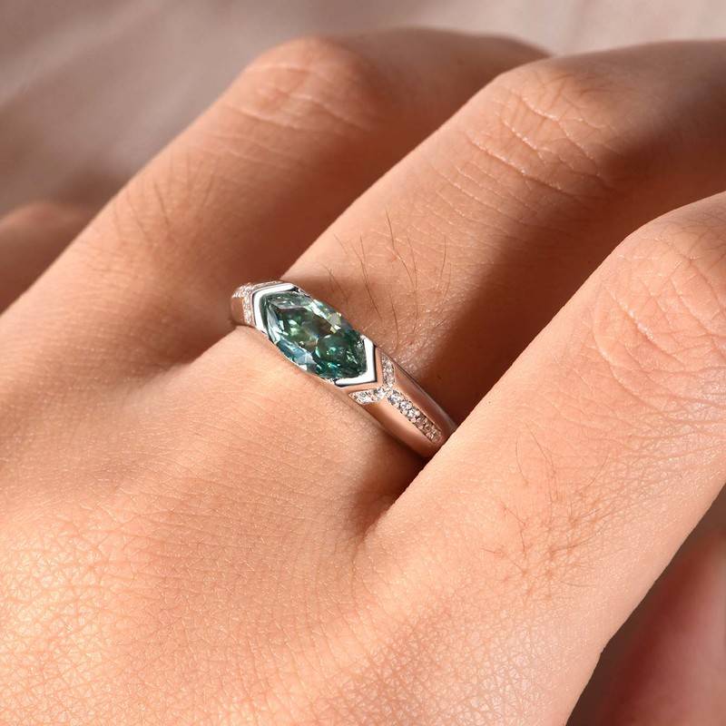 MR0045款S925银镀18K白金绿色马眼形MoissaniteWomen's Ring1.0ct