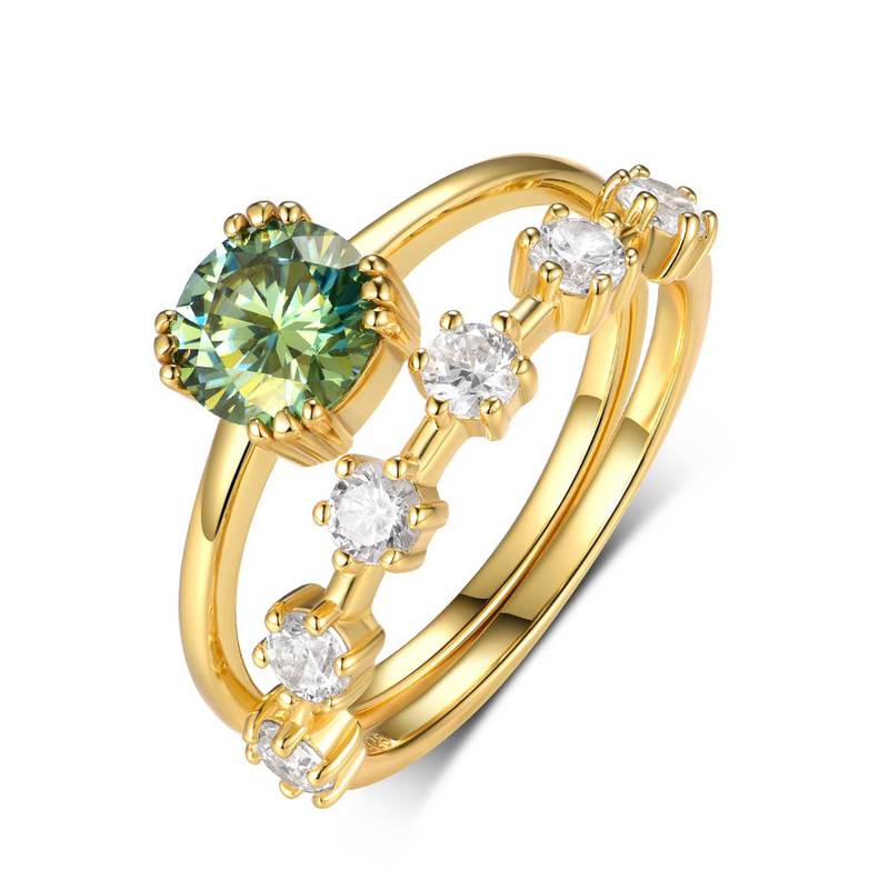 MR0060款S925银镀18K黄金绿色圆形莫桑石女套戒1.0ct