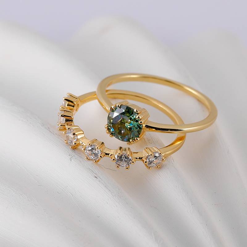 MR0060款S925银镀18K黄金绿色圆形莫桑石女套戒1.0ct