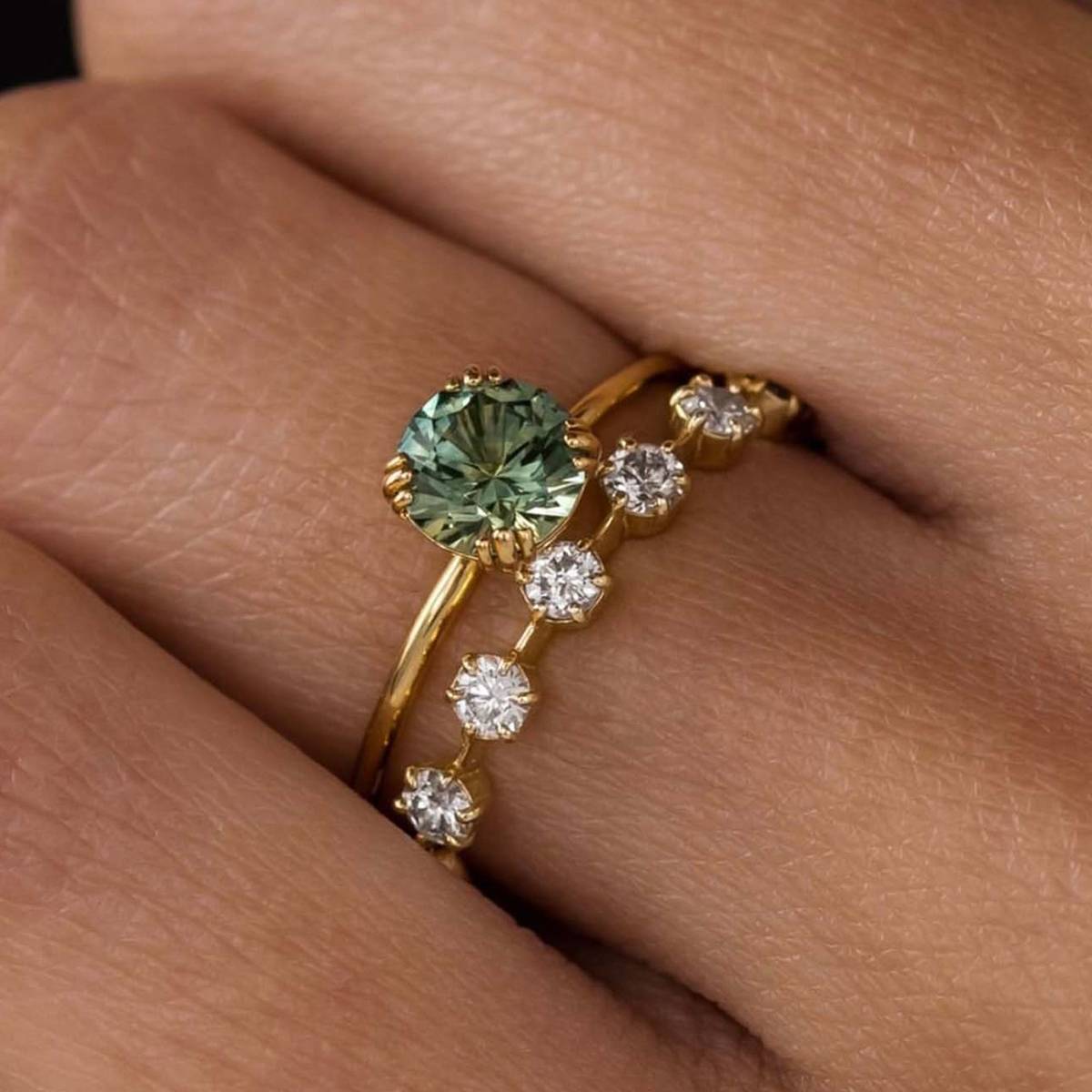 MR0060款S925银镀18K黄金绿色圆形莫桑石女套戒1.0CT
