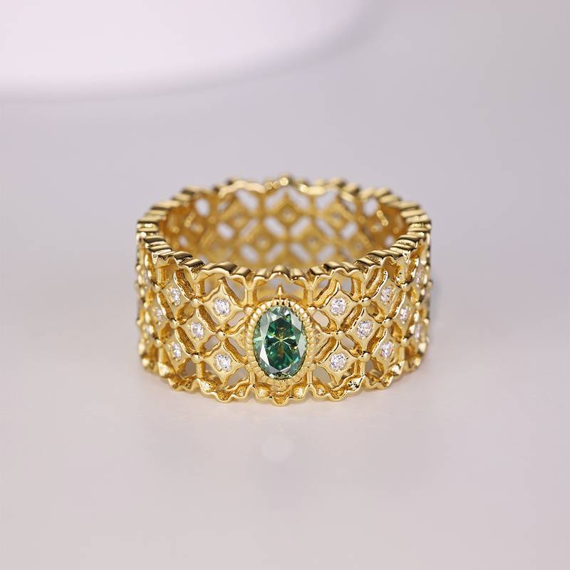 MR0061款S925银镀18K黄金绿色旦形莫桑石蕾丝工艺女戒0.5CT