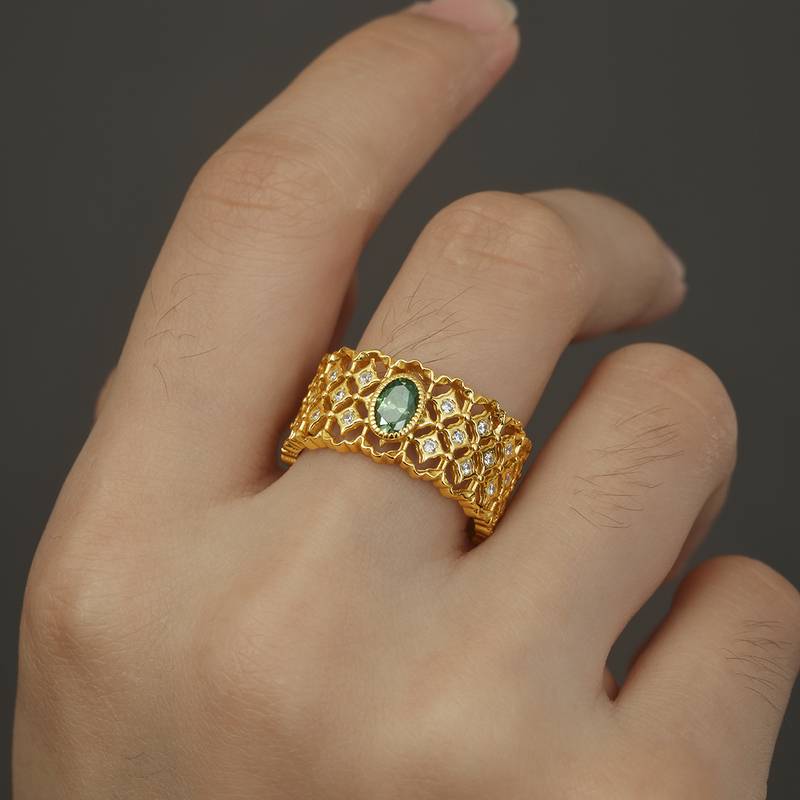 MR0061款S925银镀18K黄金绿色旦形莫桑石蕾丝工艺女戒0.5CT