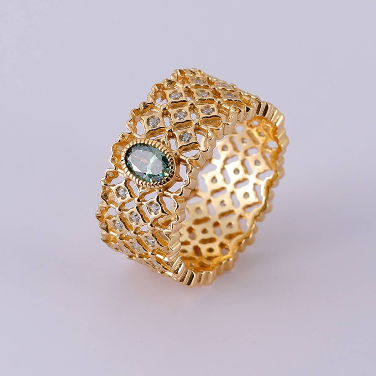 MR0061款S925银镀18K黄金绿色旦形莫桑石蕾丝工艺女戒0.5CT
