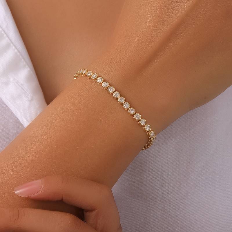 MB0010款S925银镀18K黄金镶嵌圆形莫桑石网球Bracelet4.3ct